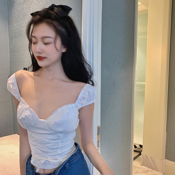 Square collar short-sleeved top lace-trimmed casual short shirt retro French palace strappy corset White puff sleeve ladies | Vimost Shop.