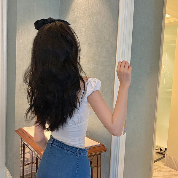 Square collar short-sleeved top lace-trimmed casual short shirt retro French palace strappy corset White puff sleeve ladies | Vimost Shop.