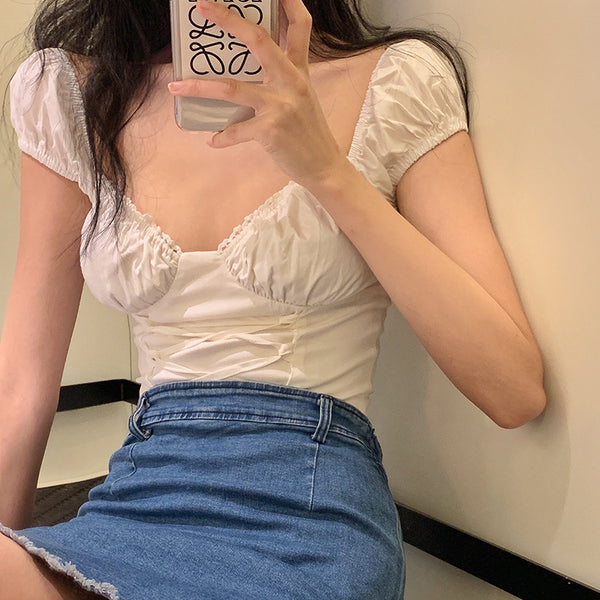 Square collar short-sleeved top lace-trimmed casual short shirt retro French palace strappy corset White puff sleeve ladies | Vimost Shop.