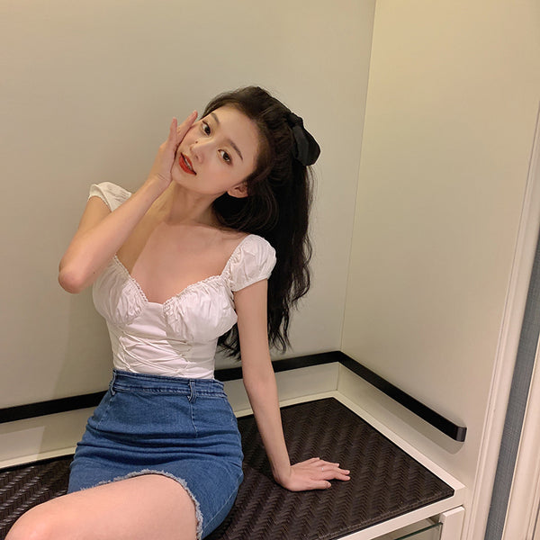 Square collar short-sleeved top lace-trimmed casual short shirt retro French palace strappy corset White puff sleeve ladies | Vimost Shop.