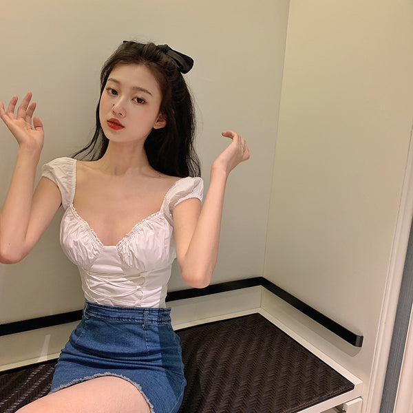 Square collar short-sleeved top lace-trimmed casual short shirt retro French palace strappy corset White puff sleeve ladies | Vimost Shop.