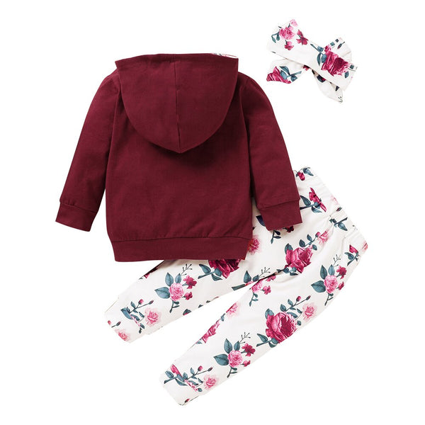 3Pcs Winter Infant Girls Clothing Floral Printed Hooded Sweatshirts And Pants Headband Outfits Casual Newborn Clothing D30 | Vimost Shop.