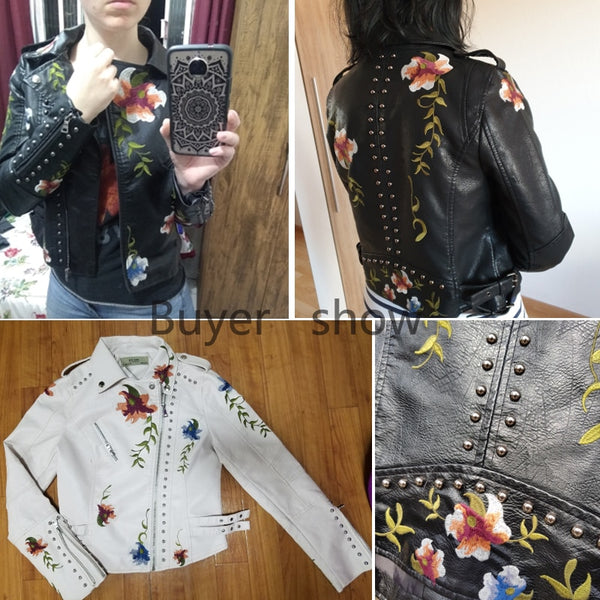 Women Floral Print Embroidery Faux Soft Leather Jacket Coat Turn-down Collar Casual Pu Motorcycle Black Punk Outerwear | Vimost Shop.