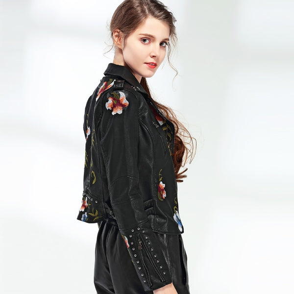Women Floral Print Embroidery Faux Soft Leather Jacket Coat Turn-down Collar Casual Pu Motorcycle Black Punk Outerwear | Vimost Shop.