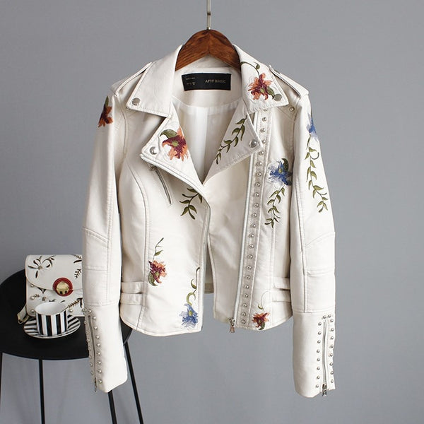Women Floral Print Embroidery Faux Soft Leather Jacket Coat Turn-down Collar Casual Pu Motorcycle Black Punk Outerwear | Vimost Shop.