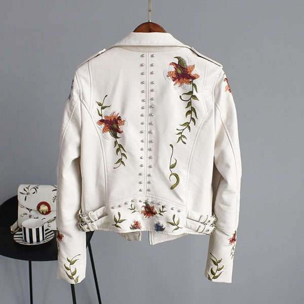 Women Floral Print Embroidery Faux Soft Leather Jacket Coat Turn-down Collar Casual Pu Motorcycle Black Punk Outerwear | Vimost Shop.