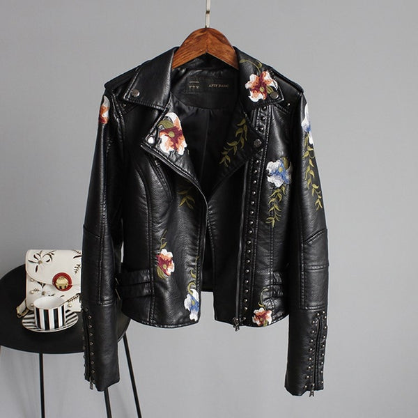 Women Floral Print Embroidery Faux Soft Leather Jacket Coat Turn-down Collar Casual Pu Motorcycle Black Punk Outerwear | Vimost Shop.