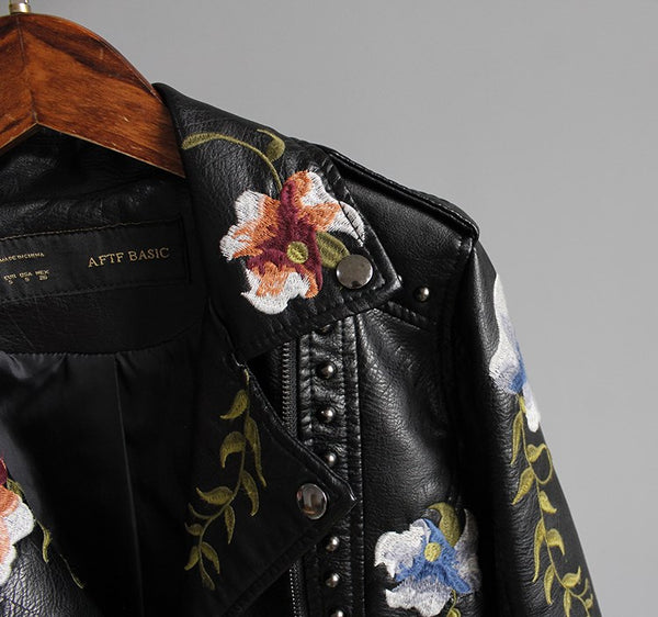 Women Floral Print Embroidery Faux Soft Leather Jacket Coat Turn-down Collar Casual Pu Motorcycle Black Punk Outerwear | Vimost Shop.
