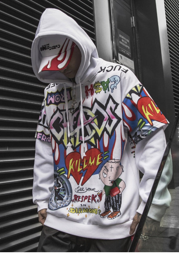 Men Fake 2 Pieces Hoodies For Men Letter Graffiti Harajuku High Street Style Oversize Hip Hop Fleece Couple Sweatshirt