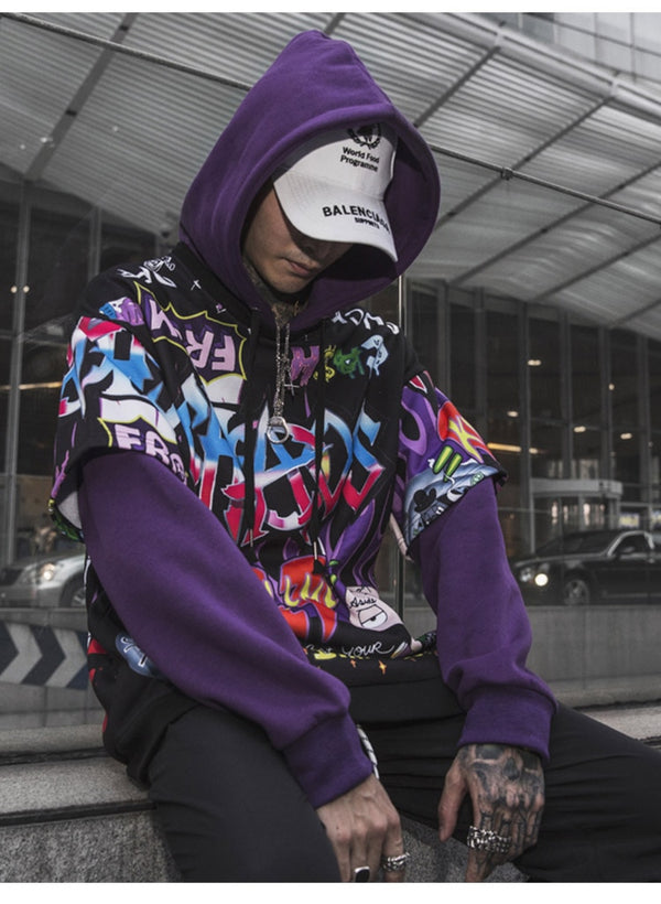 Men Fake 2 Pieces Hoodies For Men Letter Graffiti Harajuku High Street Style Oversize Hip Hop Fleece Couple Sweatshirt