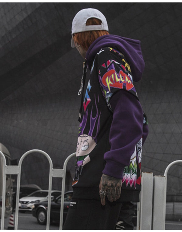 Men Fake 2 Pieces Hoodies For Men Letter Graffiti Harajuku High Street Style Oversize Hip Hop Fleece Couple Sweatshirt