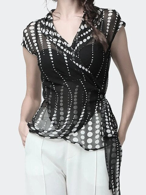 Polka dot chiffon shirt top women summer new V-neck short-sleeved sexy waist waist was thin shirt Female | Vimost Shop.
