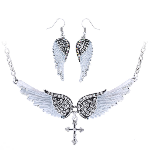 Angel Wing Cross Necklace Earrings Sets Women Biker Bling Jewelry Birthday Gifts for Her Wife Mom Girlfriend Dropshipping | Vimost Shop.