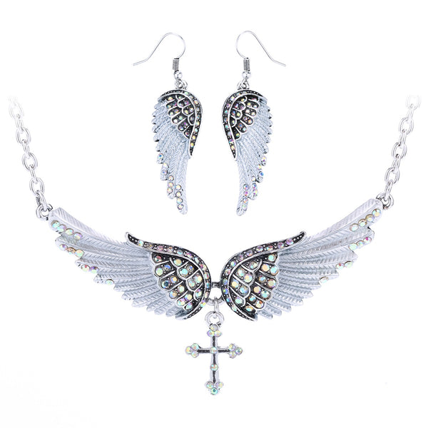 Angel Wing Cross Necklace Earrings Sets Women Biker Bling Jewelry Birthday Gifts for Her Wife Mom Girlfriend Dropshipping | Vimost Shop.