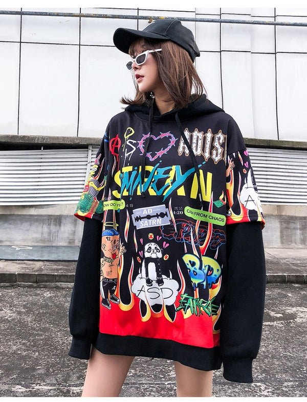 Hoodies Men Hip Hop Letter Print Men Pullover Cartoon Oversize Style Hooded Sweatshirt Lover High Street Streetwear