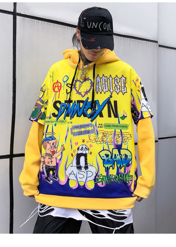 Hoodies Men Hip Hop Letter Print Men Pullover Cartoon Oversize Style Hooded Sweatshirt Lover High Street Streetwear