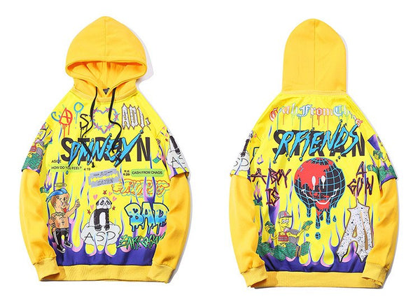 Hoodies Men Hip Hop Letter Print Men Pullover Cartoon Oversize Style Hooded Sweatshirt Lover High Street Streetwear