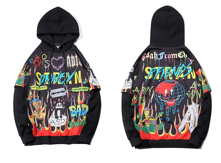 Hoodies Men Hip Hop Letter Print Men Pullover Cartoon Oversize Style Hooded Sweatshirt Lover High Street Streetwear