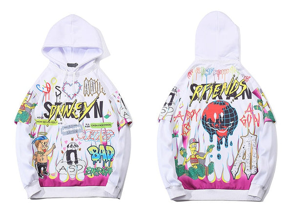 Hoodies Men Hip Hop Letter Print Men Pullover Cartoon Oversize Style Hooded Sweatshirt Lover High Street Streetwear