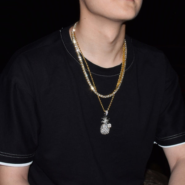 Gold Color Pineapple shape Necklace & Pendant With 4mm Tennis Chain  AAA Cubic Zircon Men's Women Hip hop Rock Jewelry 2.4x5.8CM | Vimost Shop.