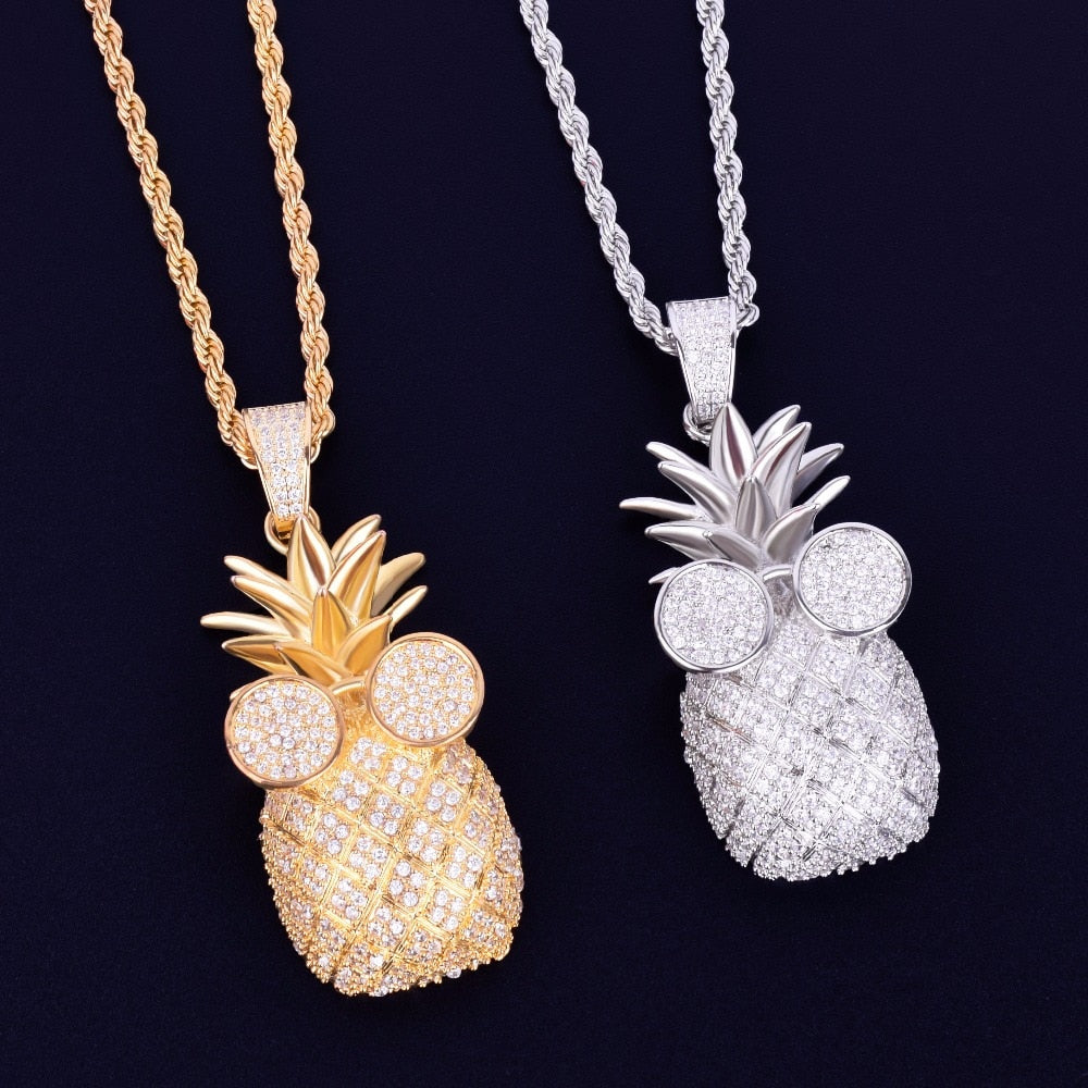 Gold Color Pineapple shape Necklace & Pendant With 4mm Tennis Chain AAA Cubic Zircon Men's Women Hip hop Rock Jewelry 2.4x5.8CM | Vimost Shop.