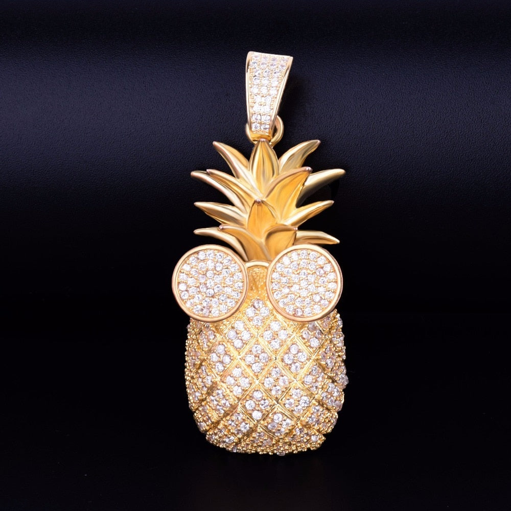 Gold Color Pineapple shape Necklace & Pendant With 4mm Tennis Chain AAA Cubic Zircon Men's Women Hip hop Rock Jewelry 2.4x5.8CM | Vimost Shop.