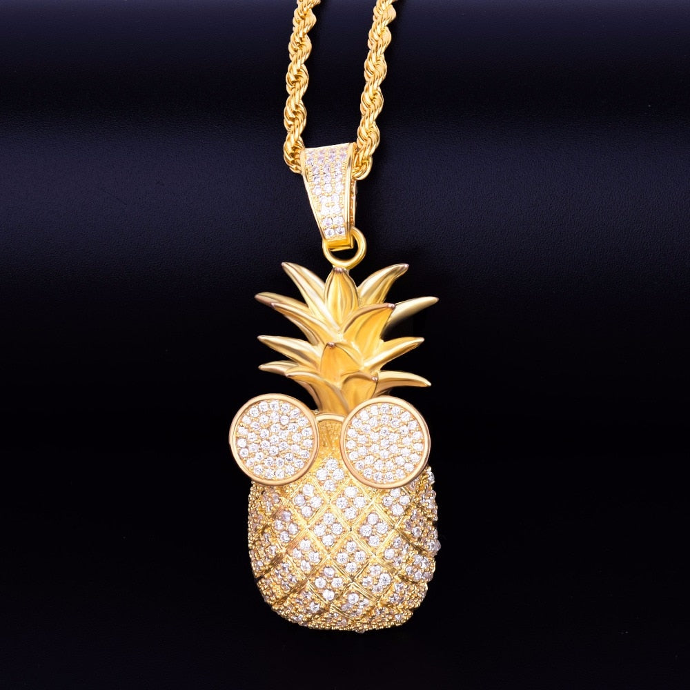 Gold Color Pineapple shape Necklace & Pendant With 4mm Tennis Chain AAA Cubic Zircon Men's Women Hip hop Rock Jewelry 2.4x5.8CM | Vimost Shop.