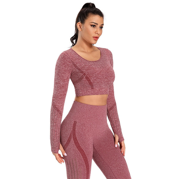 Solid Yoga Suit Seamless Dry Quick Breathable Tracksuit Long Sleeve Leggings Two Piece Set Fashion Workout Gym Fitness Sport Set | Vimost Shop.