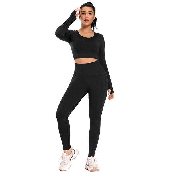 Solid Yoga Suit Seamless Dry Quick Breathable Tracksuit Long Sleeve Leggings Two Piece Set Fashion Workout Gym Fitness Sport Set | Vimost Shop.