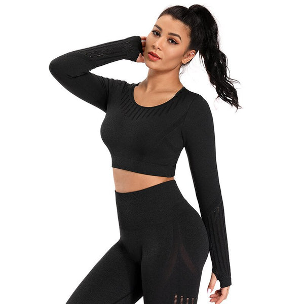 Solid Yoga Suit Seamless Dry Quick Breathable Tracksuit Long Sleeve Leggings Two Piece Set Fashion Workout Gym Fitness Sport Set | Vimost Shop.