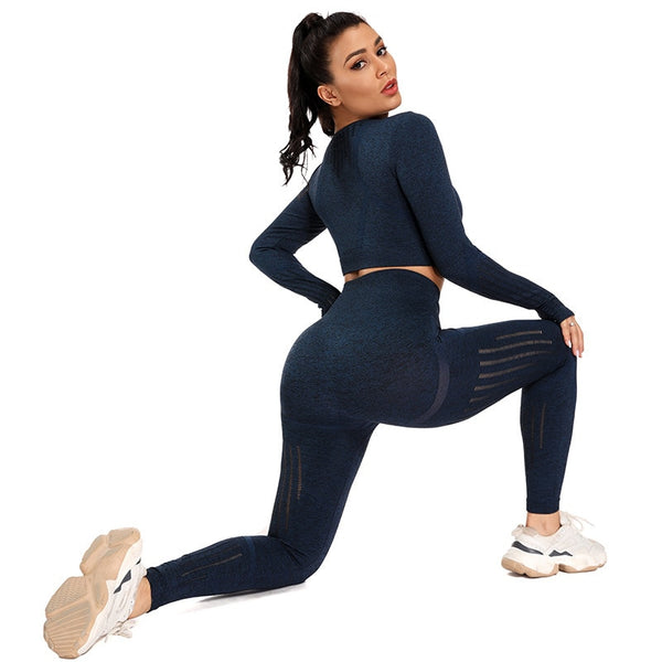 Solid Yoga Suit Seamless Dry Quick Breathable Tracksuit Long Sleeve Leggings Two Piece Set Fashion Workout Gym Fitness Sport Set | Vimost Shop.