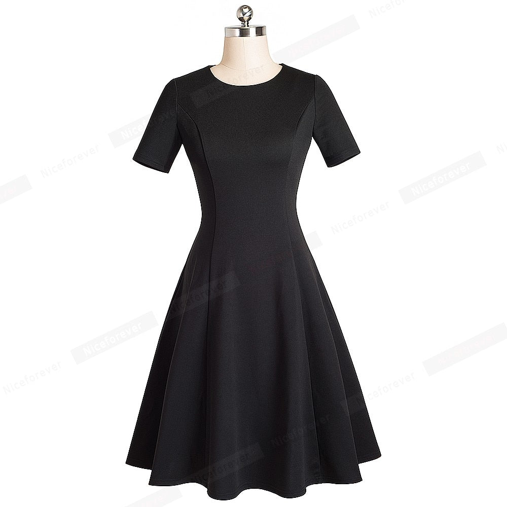 Vintage Elegant Round neck Brief Pure Color vestidos A-Line Pinup Business Party Women Flare Black Dress | Vimost Shop.