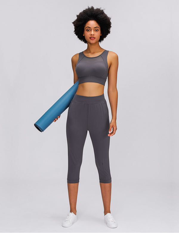 Leisure&Home Sport Fitness Yoga Capri Joggers Women High Waist Stretchy Workout Gym Cropped Pants with Pocket