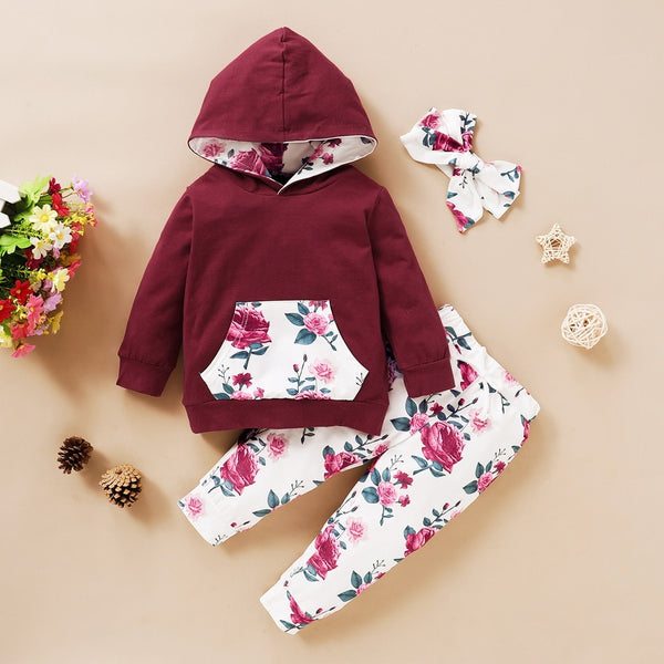 3Pcs Winter Infant Girls Clothing Floral Printed Hooded Sweatshirts And Pants Headband Outfits Casual Newborn Clothing D30 | Vimost Shop.