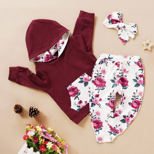 3Pcs Winter Infant Girls Clothing Floral Printed Hooded Sweatshirts And Pants Headband Outfits Casual Newborn Clothing D30 | Vimost Shop.