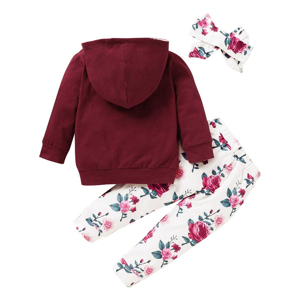 3Pcs Winter Infant Girls Clothing Floral Printed Hooded Sweatshirts And Pants Headband Outfits Casual Newborn Clothing D30 | Vimost Shop.