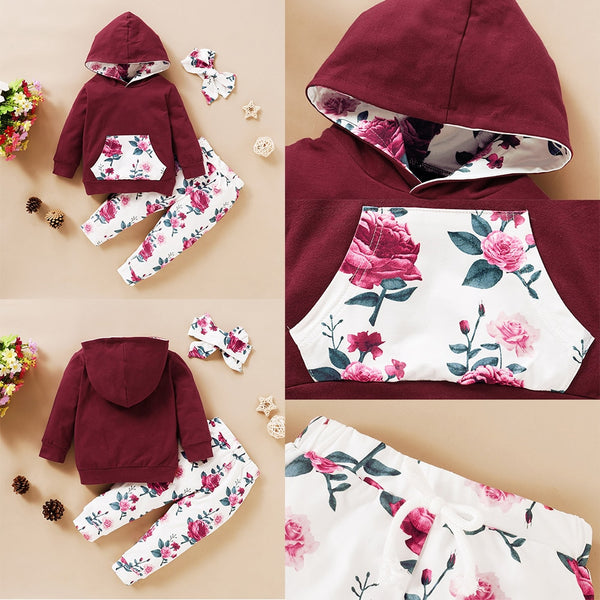3Pcs Winter Infant Girls Clothing Floral Printed Hooded Sweatshirts And Pants Headband Outfits Casual Newborn Clothing D30 | Vimost Shop.