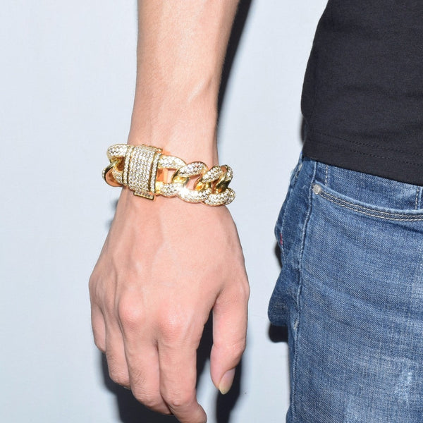 23mm Chunky Miami Cuban Chain Bracelet AAA Zirconia Men Hip hop Jewelry Gold Color Big Lock Bangle 7