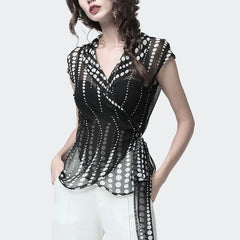 Polka dot chiffon shirt top women summer new V-neck short-sleeved sexy waist waist was thin shirt  Female