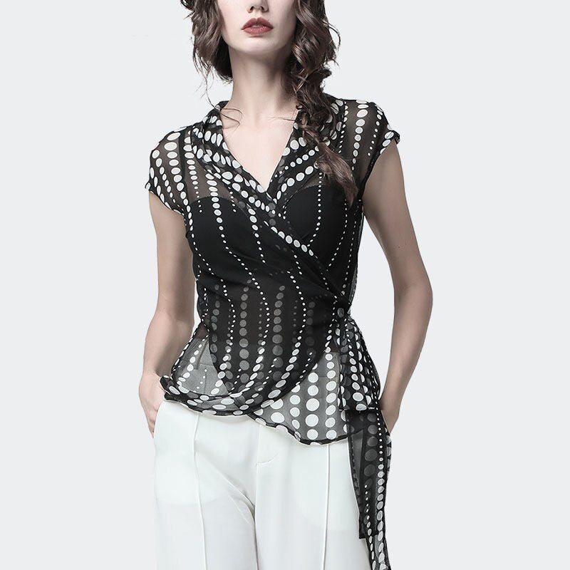 Polka dot chiffon shirt top women summer new V-neck short-sleeved sexy waist waist was thin shirt Female | Vimost Shop.