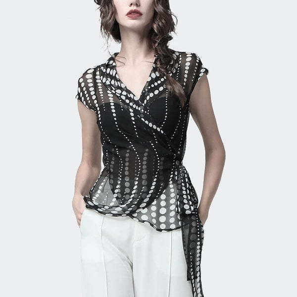 Polka dot chiffon shirt top women summer new V-neck short-sleeved sexy waist waist was thin shirt  Female | Vimost Shop.