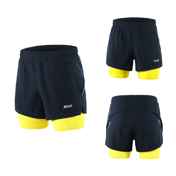 Men Running Shorts 2 in 1 Sports Shorts Quick Dry Active Training Exercise Jogging Gym Shorts With Zipper Pockets