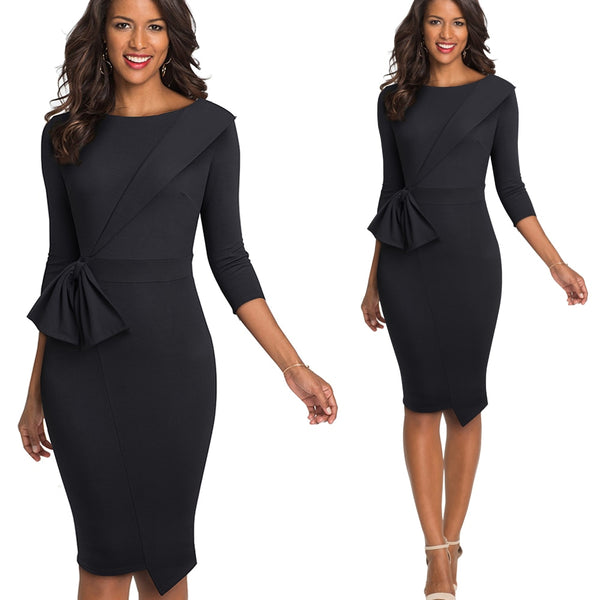 Pure Color with Bow Peplum Dresses Formal Business Bodycon Autumn Women Dress | Vimost Shop.