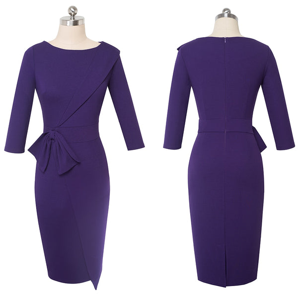 Pure Color with Bow Peplum Dresses Formal Business Bodycon Autumn Women Dress | Vimost Shop.
