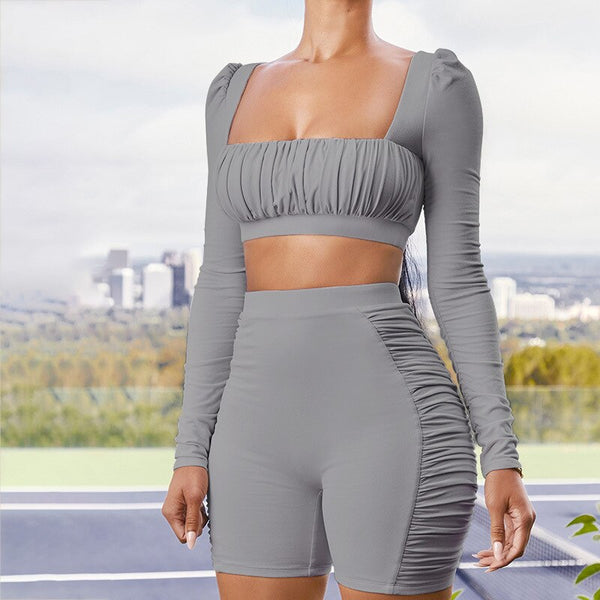 Solid Sports Yoga Set Women Gym Clothes Long Sleeve Pleated Crop Top Skinny Shorts Tracksuit Fashion Fitness Workout New Suit | Vimost Shop.