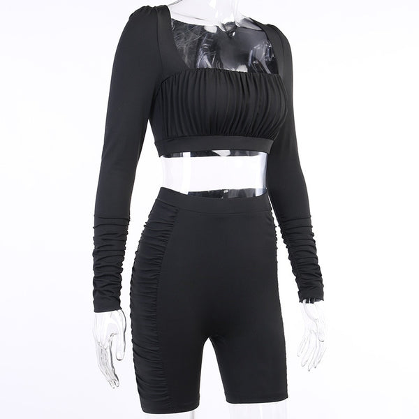 Solid Sports Yoga Set Women Gym Clothes Long Sleeve Pleated Crop Top Skinny Shorts Tracksuit Fashion Fitness Workout New Suit | Vimost Shop.