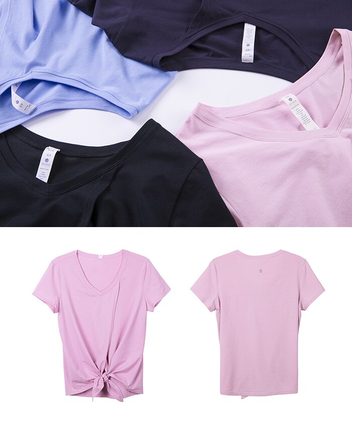 Women's Pima Cotton Workout Short Sleeve V-Neck Tie T Shirt Tops