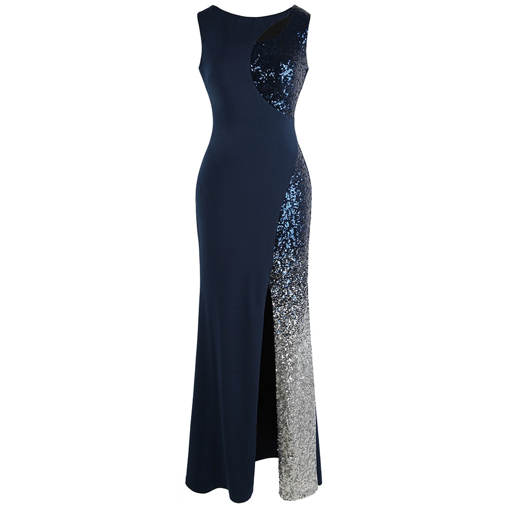 Splicing Sequin Evening Dress Slit Gradient Evening Dress Long Royal Blue | Vimost Shop.