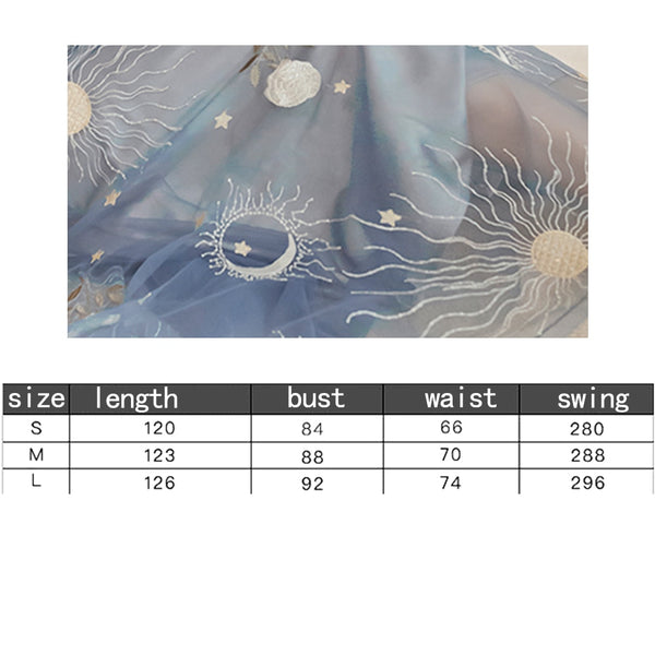 Star moon Embroidery spaghetti strap Haze blue mesh yarn Backless dress French retro long strap dress women | Vimost Shop.
