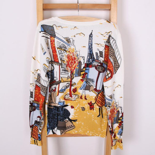 Spring Autumn Drawing Print Lady Long-Sleeve Sweater Cardigans Women V-Neck Casual Knitted Outerwear High Quality